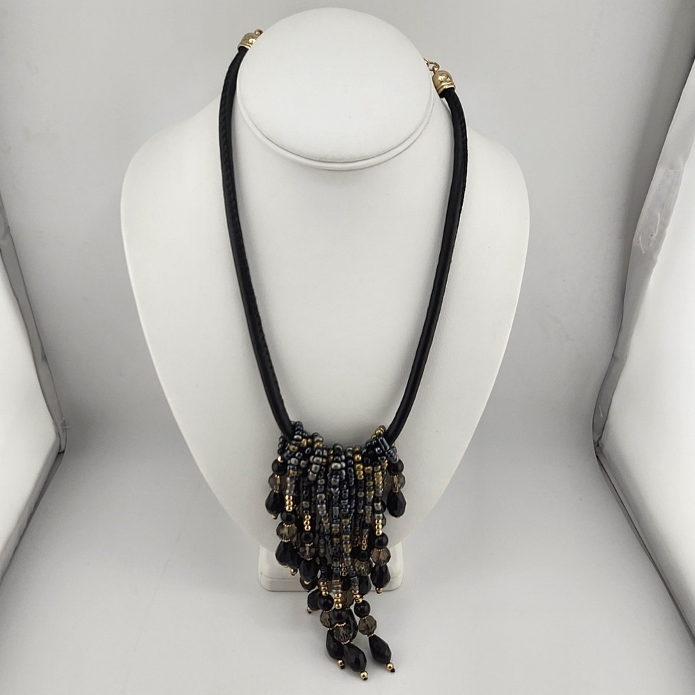 Glass Bead Fringe Black Cord Necklace